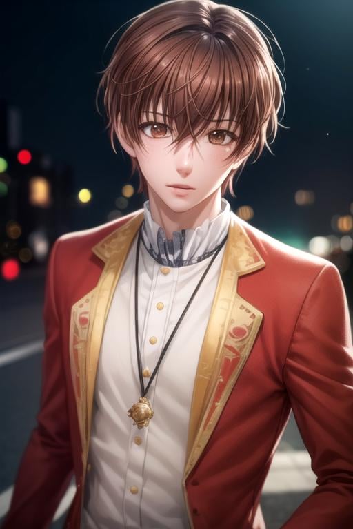 photorealistic, (4k), depth of field, (Masterpiece), (realistic skin texture), extremely detailed, intricate, hyper detailed, high resolution, professional photography, bokeh, depth of field, sharp detail, best quality, , 1boy, solo, male focus, <lora:takumi_kijima:0.96>, takumi_kijima, brown hair, brown eyes, clown costume, aztec,