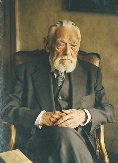 An elderly man with deep wrinkles and a white beard,his eyes locked with the viewer's he's in a classic tweet suit,sitting in a dimly lit,old-world study. The portrait conveys a narrative of experience and introspection.,