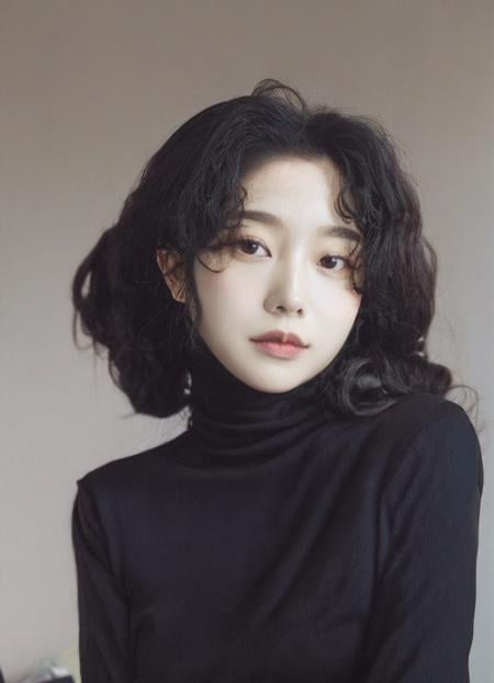 an woman,clean skin,wearing a black turtleneck sweater,soft hair,black long curly hair,looking at the camera,