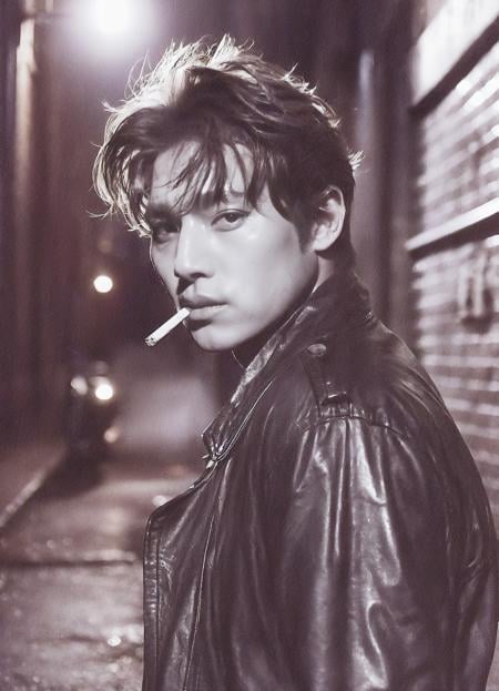 A moody,cinematic shot of a man with disheveled hair,clad in a leather jacket,smoking a cigarette against a dimly lit alley. The play of shadows and highlights on his rugged features creates an intense atmosphere. The film's graininess amplifies the grittiness,evoking a sense of mystery and rebellion.,