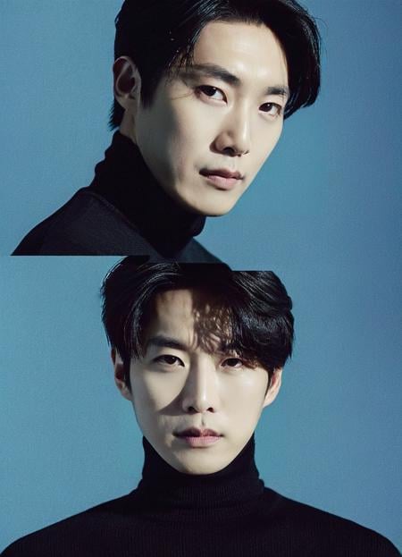 Asian man,close-up portrait,direct gaze,dark hair,black turtleneck,shadow on face,neutral expression,studio lighting,blue background,high-resolution image,minimalistic,young adult,clean-shaven,headshot,symmetrical composition,serious mood,professional photography,dark color palette,