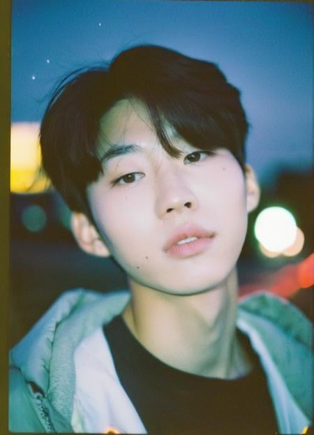 Asian male,17(yo),Fujifilm Provia 400X,heavy breathing,night view,polaroid photo,night photo,pale skin,bokeh,motion blur,handsome,