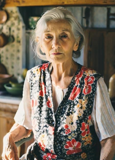 An elderly woman with elegant gray hair, her gaze at the viewer full of stories. She's dressed in a traditional, floral-patterned dress, in a quaint, sunlit cottage kitchen. The image tells a tale of heritage, warmth, and simplicity