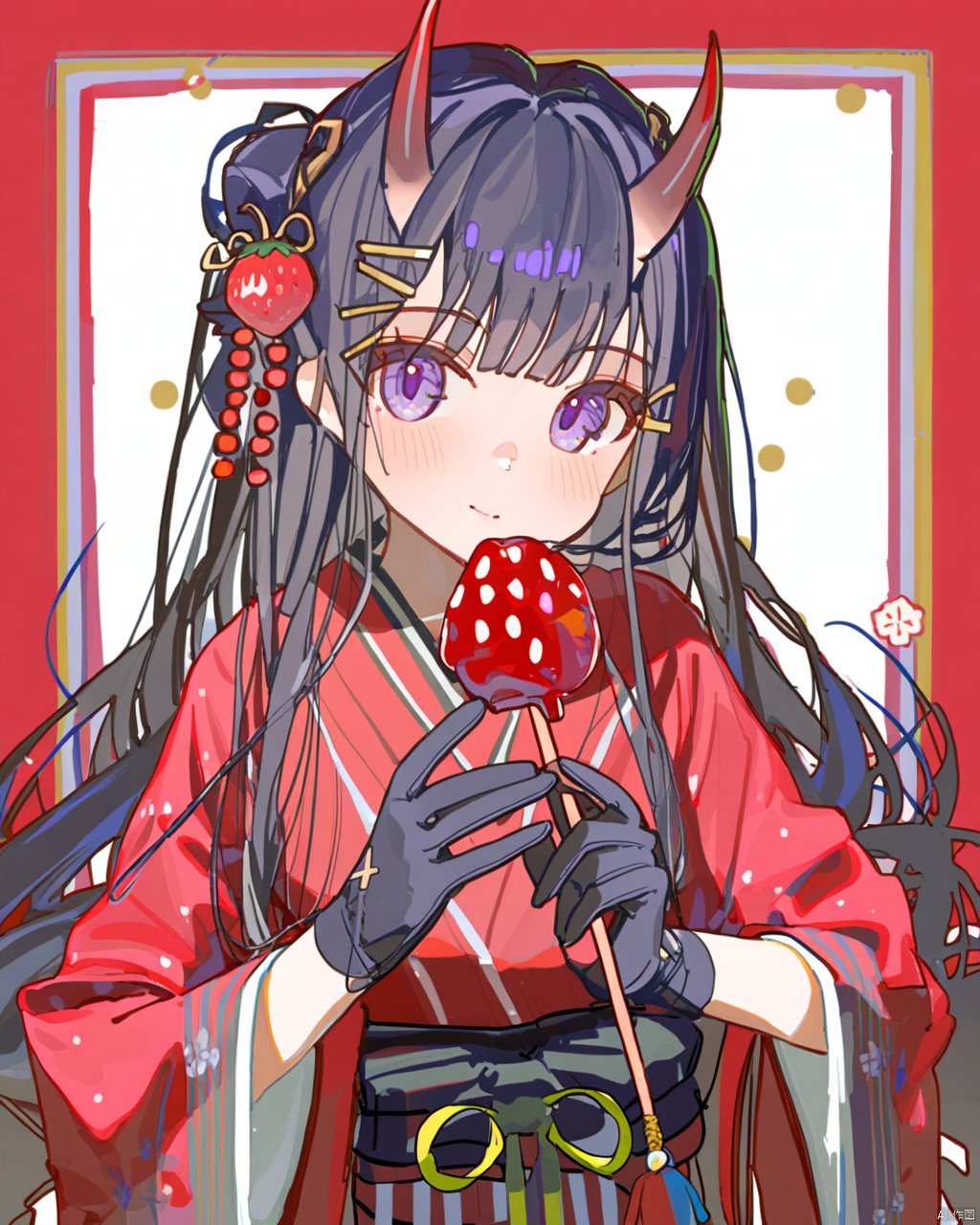 quality good, ciloranko, [sho_(sho_lwlw)], (((tianliang duohe fangdongye))) , ningen_mame, 1girl,  azur lane,  bangs,  black gloves,  black hair,  blunt bangs,  blush,  candy apple,  closed mouth,  food,  gloves,  hair ornament,  hairclip,  holding,  holding food,  horns,  japanese clothes,  kimono,  long hair,  long sleeves,  looking at viewer,  noshiro (azur lane),  noshiro (uncharted festival grounds?) (azur lane),  oni,  oni horns,  purple eyes,  red background,  red kimono,  riria (happy strawberry),  solo,  two-tone background,  upper body,  white background,  wide sleeves,  x hair ornament
