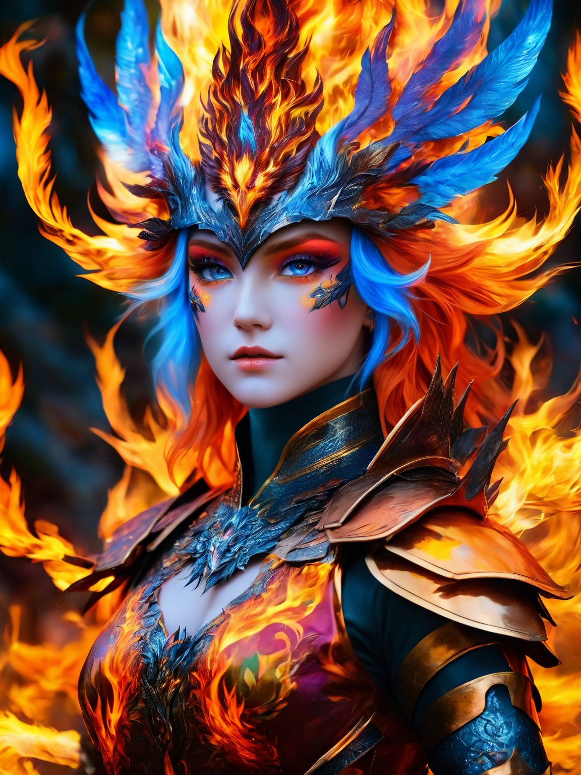 (best quality,8K,highres,masterpiece), ultra-detailed 3D render with vivid colors and spectacular HDR effects. An extraordinary spirit of nature, ((expression furiously)), invokes above it, releasing a dazzling array of powerful energy in the form of an impressive Fire spirit growing out of control, vividly consuming everything in its path. The scene is cinematic, with a perspective and deep depth of field, and the Fire spirit is portrayed with radiant, colorful eyes. The spirit is adorned in full-body armor, creating a visually stunning and vibrant illustration.