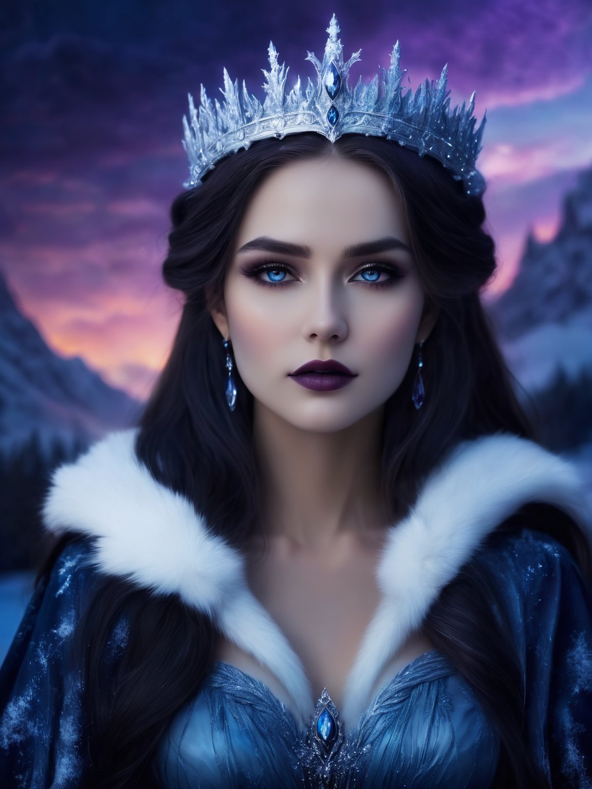 best quality,ultra-detailed,realistic:1.37,dark queen,snow,portrait,beautiful detailed eyes,long hair,classy clothing,regal expression,icy landscape,stark contrast,surreal atmosphere,mystical aura,vivid colors,cold color tones,crown,title:dreamlike dark elegance,moonlight lighting