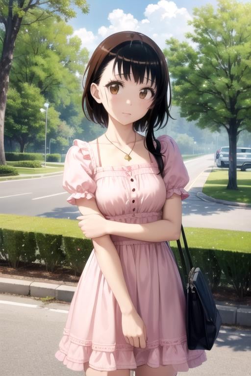 (extremely detailed CG unity 8k wallpaper), (masterpiece), (best quality), (ultra-detailed), (best illustration), (best shadow), (absurdres), 1girl, solo, <lora:onodera_v2:0.8>, onodera kosaki, pink dress, necklace, bag, outdoors, trees, looking at viewer