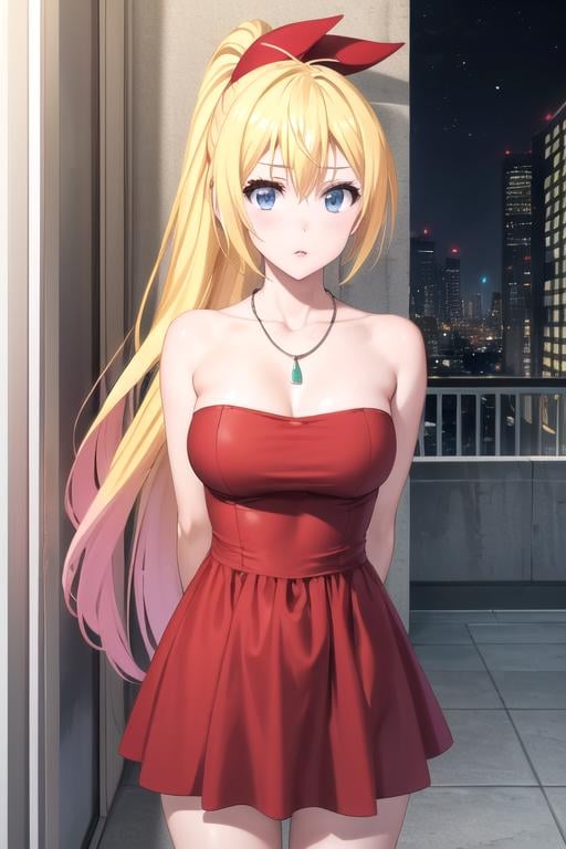 (extremely detailed CG unity 8k wallpaper), (masterpiece), (best quality), (ultra-detailed), (best illustration), (best shadow), (absurdres), 1girl, solo, <lora:chitoge_v2:0.8>, kirisaki chitoge, red dress, bare shoulders, strapless, sleeveless, necklace, jewelry, ponytail, balcony, nighttime, looking at viewer, parted lips, arms behind back