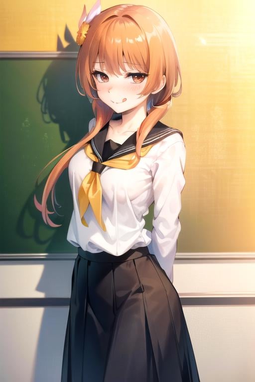 (extremely detailed CG unity 8k wallpaper), (masterpiece), (best quality), (ultra-detailed), (best illustration), (best shadow), (absurdres), 1girl, solo, looking at viewer, smug, smile, blush, tongue out, <lora:tachibanamarika-09:0.8>, tachibana marika, orange hair, medium breasts, (school uniform), long skirt, standing, arms behind back, classroom