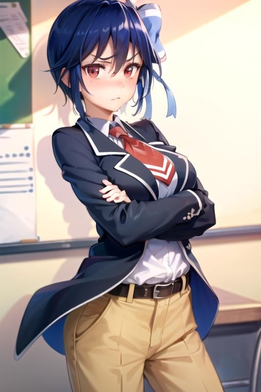 (extremely detailed CG unity 8k wallpaper), (masterpiece), (best quality), (ultra-detailed), (best illustration), (best shadow), (absurdres), 1girl, solo, looking at viewer, scowl, blush, <lora:tsugumiseishirou-10:0.8>, tsugumi seishirou, large breasts, hair bow, school uniform, blue jacket, blazer, white shirt, red necktie, belt, khaki pants, (arms crossed, arms under breasts), classroom