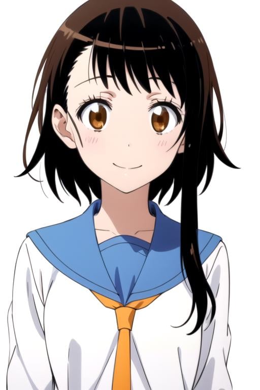 solo, 1girl, <lora:kosaki-nisekoi:0.8>, kosaki onodera, serafuku, necktie, smile, looking at viewer, sketch, oekaki, flat colors, 2D, anime coloring, upper body, jaggy lines, (solid white background:1.3)