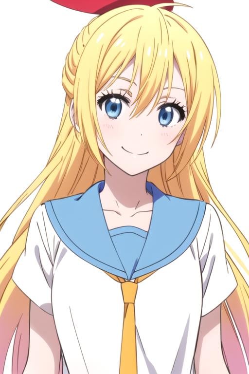 solo, 1girl, <lora:chitoge-nisekoi:0.8>, chitoge kirisaki, serafuku, necktie, smile, looking at viewer, sketch, oekaki, flat colors, 2D, anime coloring, upper body, jaggy lines, (solid white background:1.3)