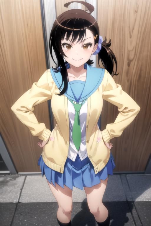 (extremely detailed CG unity 8k wallpaper), (masterpiece), (best quality), (ultra-detailed), (best illustration), (best shadow), (absurdres), 1girl, solo, <lora:haru_v2:0.8>, onodera haru, school uniform, serafuku, cardigan, looking at viewer, hands on hips, looking at viewer, smile, smug, dynamic pose