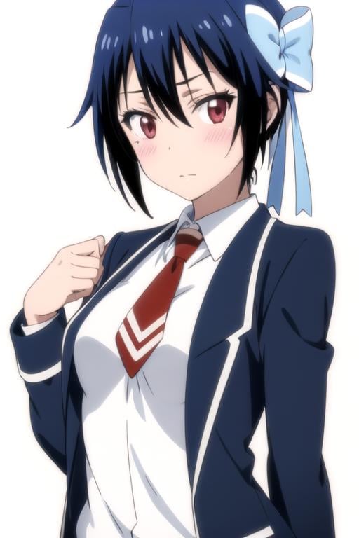 solo, 1girl, <lora:seishirou-nisekoi:0.8>, seishirou tsugumi, school uniform, blazer, necktie, breasts, closed mouth, blush, looking at viewer, sketch, oekaki, flat colors, 2D, anime coloring, upper body, jaggy lines, (solid white background:1.3)