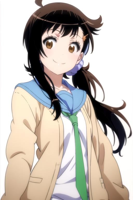 solo, 1girl, <lora:haru-nisekoi:0.8>, haru onodera, serafuku, cardigan, necktie, smile, looking at viewer, sketch, oekaki, flat colors, 2D, anime coloring, upper body, jaggy lines, (solid white background:1.3)