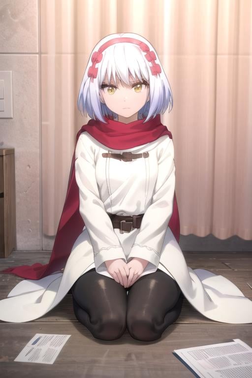 (extremely detailed CG unity 8k wallpaper), (masterpiece), (best quality), (ultra-detailed), (best illustration), (best shadow), (absurdres), 1girl, solo, <lora:paula_v2:0.8>, paula mccoy, white robe, long sleeves, red scarf, black leggings, looking at viewer, arms crossed, sitting, seiza, curtains