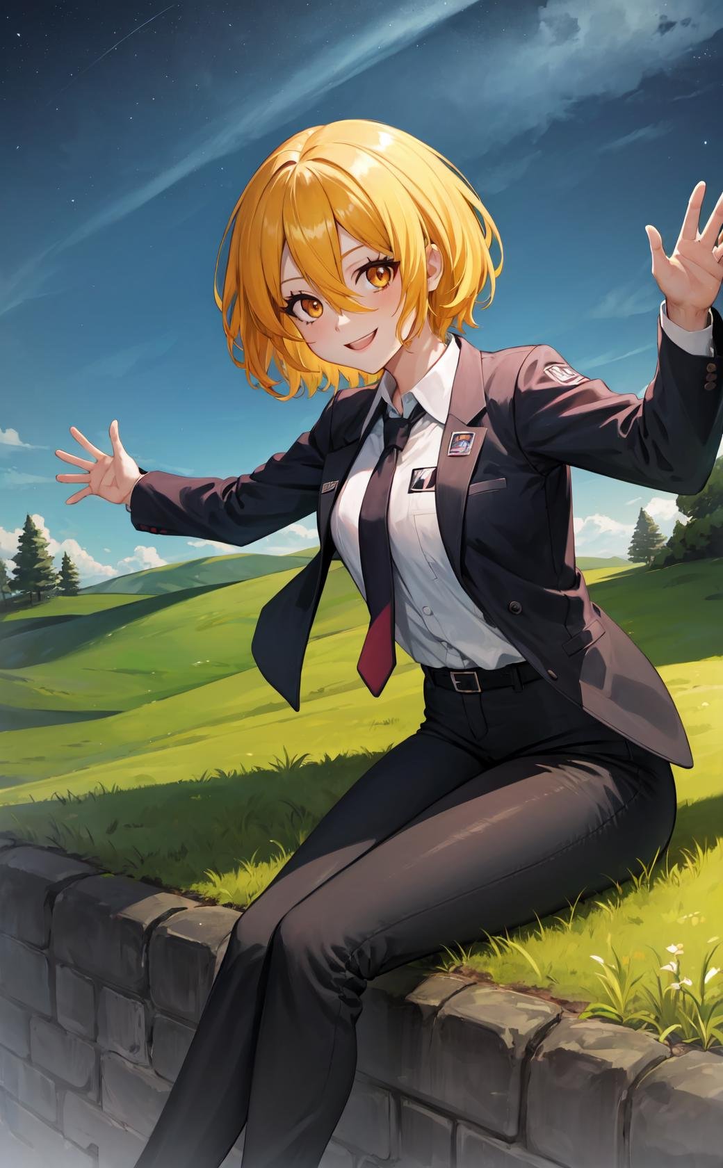 masterpiece, best quality, highres,dondef, 1girl, solo, short hair, blonde hair, smile, yellow eyes, hair between eyes, orange eyes, office lady, shirt, white shirt, long sleeves, necktie, black necktie, pants, black pants, sitting, looking at viewer, waving, waving arms, outdoors, forest, field, night, darkness, shadow, <lora:LoRA_Don:1> 