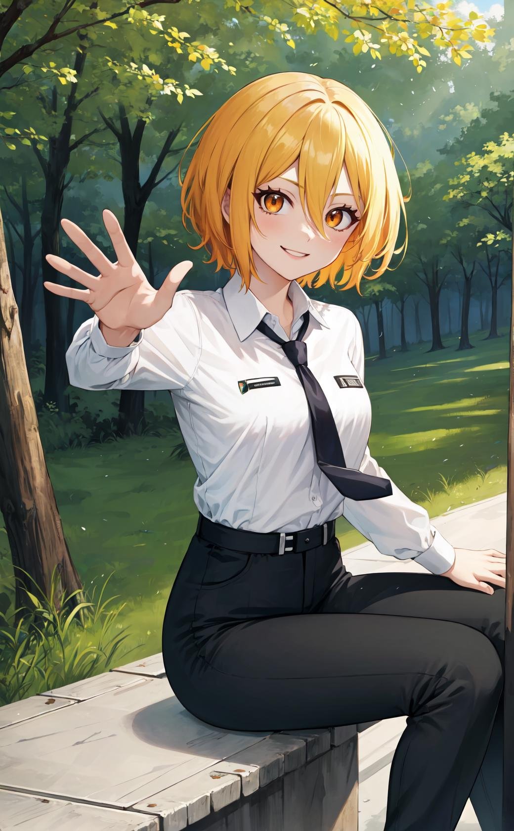 masterpiece, best quality, highres,dondef, 1girl, solo, short hair, blonde hair, smile, yellow eyes, hair between eyes, orange eyes, office lady, shirt, white shirt, long sleeves, necktie, black necktie, pants, black pants, sitting, looking at viewer, waving, waving arms, outdoors, forest, field, night, darkness, shadow, <lora:LoRA_Don:1> 