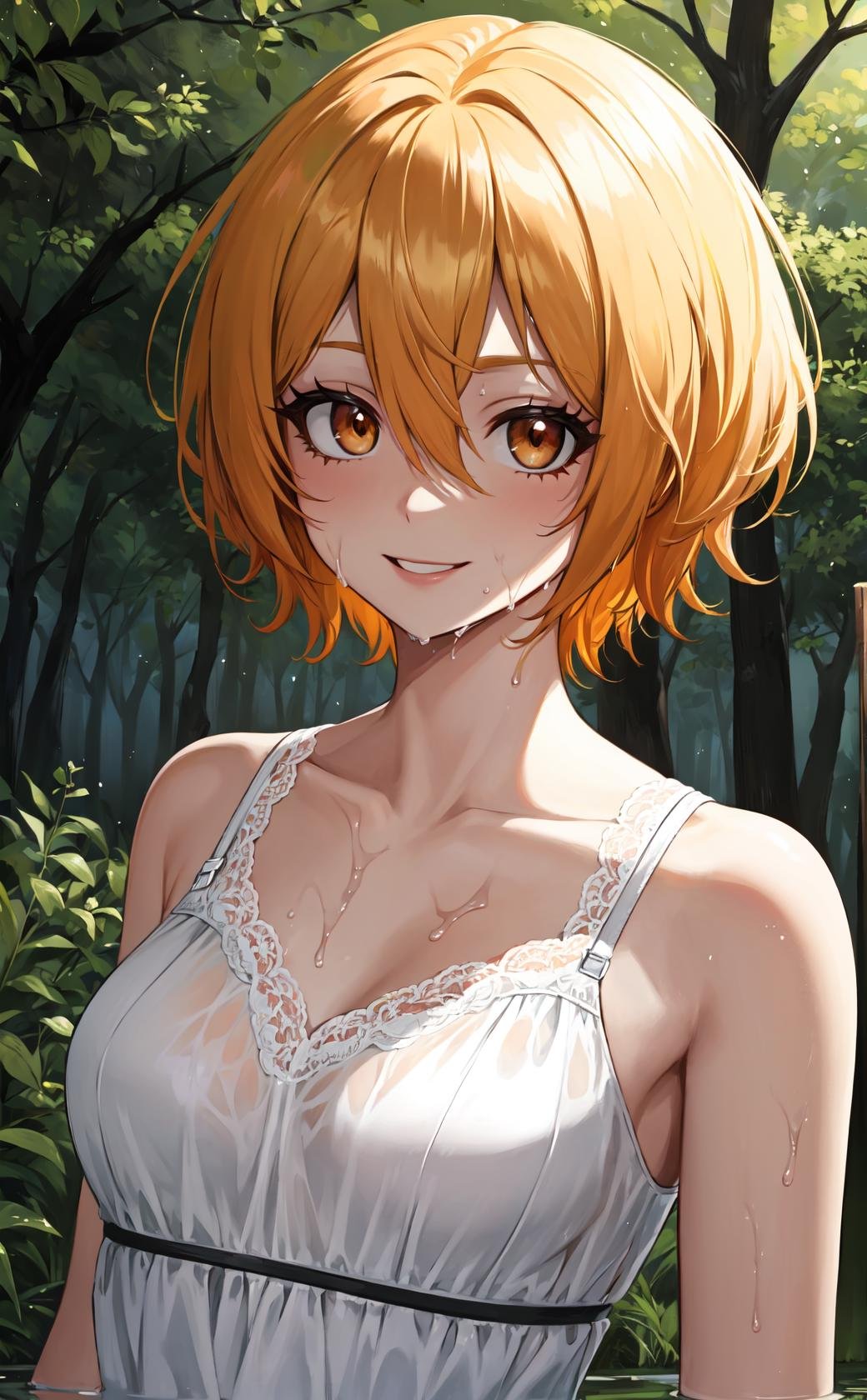 masterpiece, best quality, highres,dondef, 1girl, solo, short hair, blonde hair, smile, yellow eyes, hair between eyes, orange eyes, dress, see-through, wet clothes, wet, yellow dress, lace trim, lace, sleeveless, bare shoulders, collarbone, upper body, outdoors, forest, field, night, darkness, shadow, <lora:LoRA_Don:1> 