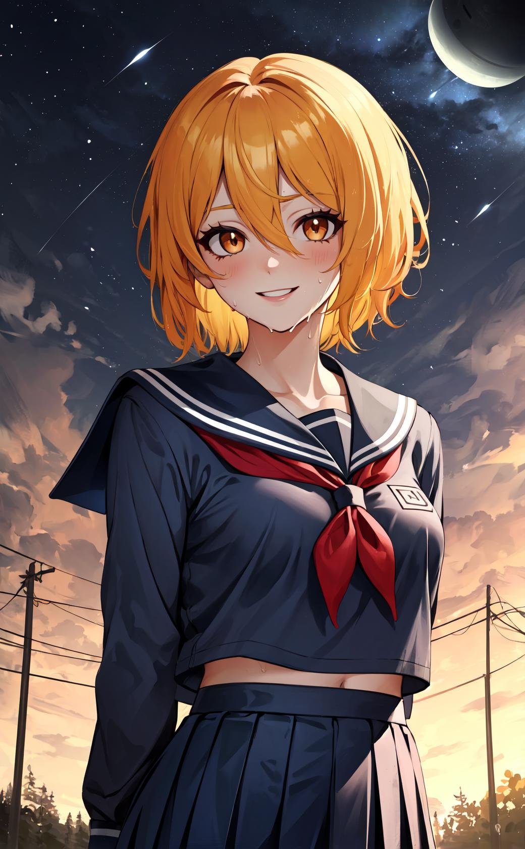 masterpiece, best quality, highres,dondef, 1girl, solo, short hair, blonde hair, smile, yellow eyes, hair between eyes, orange eyes,school uniform, serafuku, seifuku, pleated skirt, skirt, sailor fuku, sailor collar, long sleeves, wet, wet clothes, sweat, sweatdrop, medium breasts,upper body, looking at viewer, arms behind back, outdoors, forest, field, night, darkness, shadow, sky, night sky, star \(sky\), starry sky, <lora:LoRA_Don:1> 