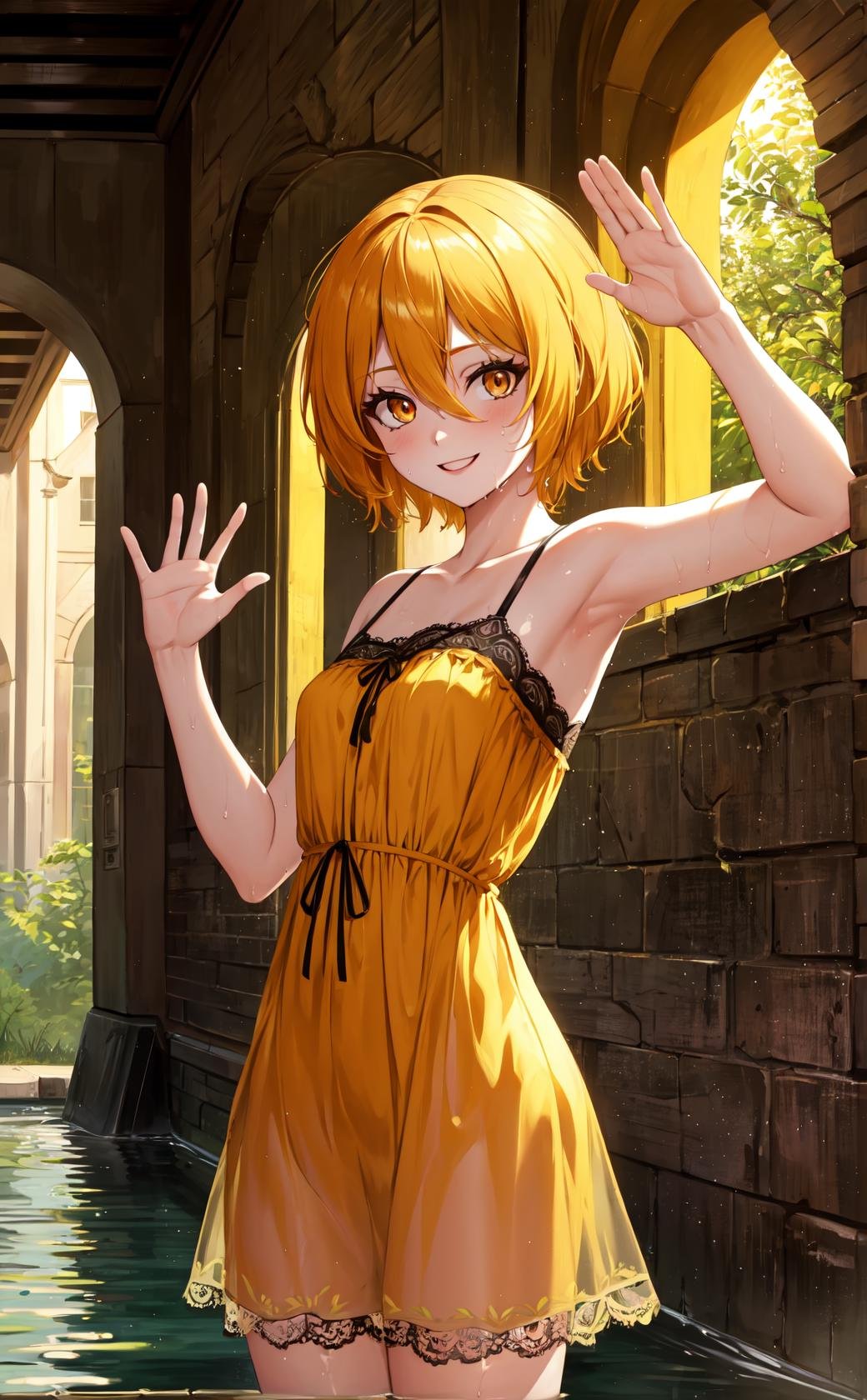 masterpiece, best quality, highres,dondef, 1girl, solo, short hair, blonde hair, smile, yellow eyes, hair between eyes, orange eyes, yellow dress, dress, see-through, wet clothes, wet, lace trim, lace, sleeveless, bare shoulders, collarbone, cowboy shot, looking at viewer, waving, waving arms, outdoors, forest, field, night, darkness, shadow, <lora:LoRA_Don:1> 