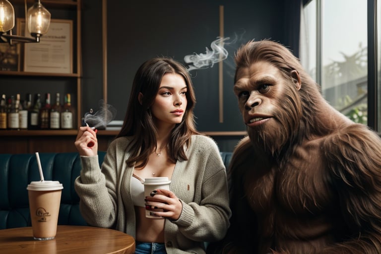 (((masterpiece))), (((Sasquatch))) is wearing a cardigan sweater, detailed fur, drinking a cup of coffee and smoking cannabis with a black woman, they are sitting in a busy cafe, detailed face, high details, photography, dark studio, rim light, Nikon D850, 50mm, f/1.4, masterpiece, high quality, high definition, 8K, super detailed, 2people, beautiful woman, Sasquatch,Bigfoot,poeple,2people,two people,1boy 1girl,Sasquatch