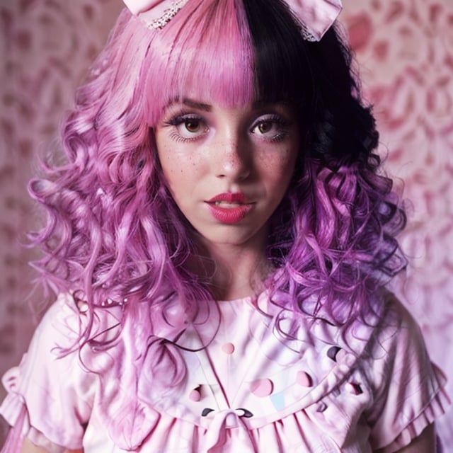 a woman, arianna, pink and black split dyed hair, light pink dress, big red lips, fake freckles