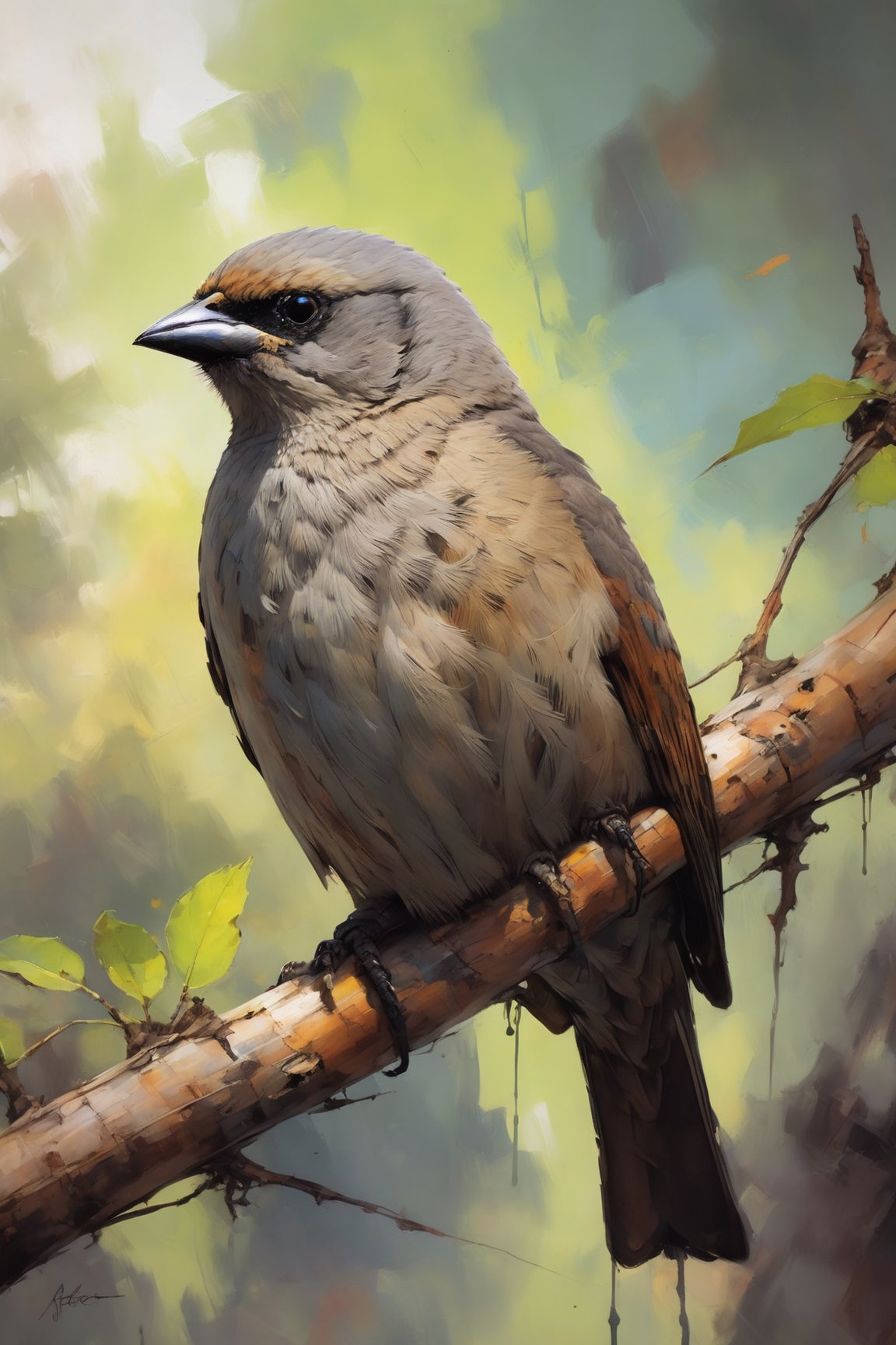 Highly detailed and hyper-realistic painting portrait of (a Grayish Baywing:1.4). BREAK It's a cute bird about 7 inches long,  with (brownish-gray plumage:1.3),  (the wings feathers have a reddish-brown tone:1.4). The region between the eyes and nostrils is black,  it has black eyes,  black legs,  (short and stubby black beak:1.4). BREAK (full body shot:1.2),  perched on a tree branch,  under direct sunlight,  creative shadow play,  from above,  bokeh,  BREAK vaporwave aesthetics,  neon punk blue visual tone,  (dark atmosphere and dull colors:1.2),  eye level,  BREAK muted colours,  (extremely realistic and accurate:1.4),  league of legends,  BREAK octane render,  intricate,  ultra-realistic,  elegant,  highly detailed,  digital painting,  artstation,  concept art,  smooth,  sharp focus,  illustration,  by ilya kuvshinov and krenz cushart,  three-quarters view,  sharp hard lines,  brush strokes,  watercolor,  oil painting,  ink panting,  style by Agnes Cecile,  Alberto Seveso,  Anna Bocek,  Carne Griffiths,  Charlie Bowater,  ink,  Comic Book-Style 2d,  detailmaster2,  street art,  graffiti, gbaywing,Comic Book-Style 2d,2d,ink 