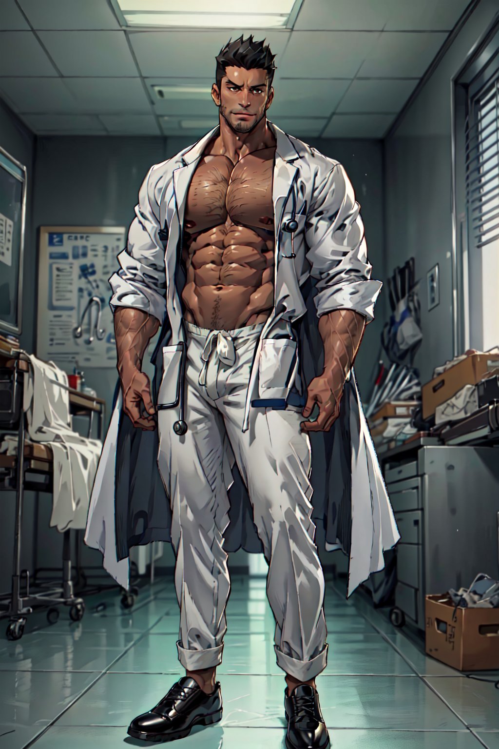 1boy, solo, Isshin Kurosaki, BLEACH, anime, tall, muscular man,(black hair), brown eyes, thin stubble around mouth and on cheeks, 40 years old, mature, (light yellow collared shirt:1.2, doctor's white robe, pure black suit pants:1.2, black shoes:1.2). manly, masculine, handsome, charming, alluring, (full body in frame), perfect light, perfect anatomy, perfect proportions, perfect perspective, 8k, HQ,  (best quality:1.2, masterpiece:1.2, madly detailed), perfect face, front view, clinic room, sexydoctor