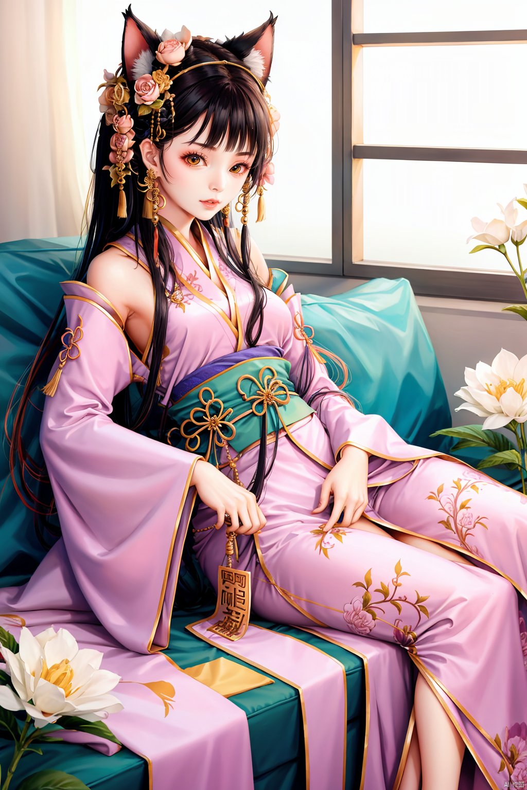  1girl,flowers, jewerly,hanfu, jtc,cat ears,chinese clothes,sitting on couch,indoors,