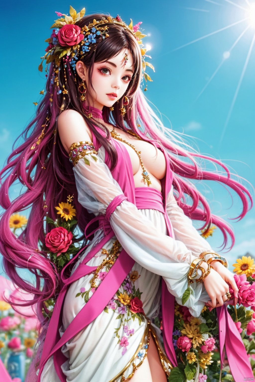 1girl,flowers theme, jewerly theme,very long hair,