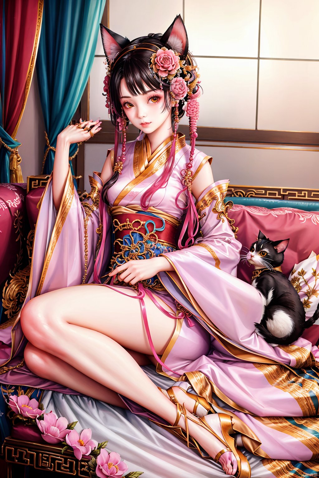  1girl,flowers, jewerly,hanfu, jtc,cat ears,chinese clothes,sitting on couch,indoors,