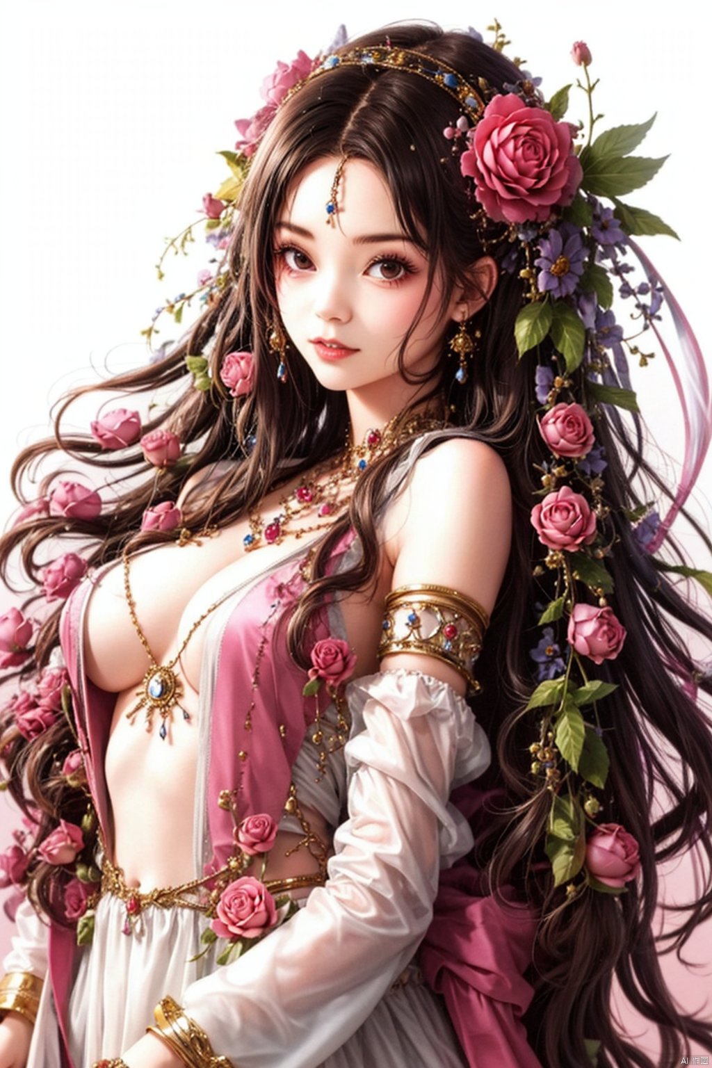 1girl,flowers theme, jewerly theme,very long hair,