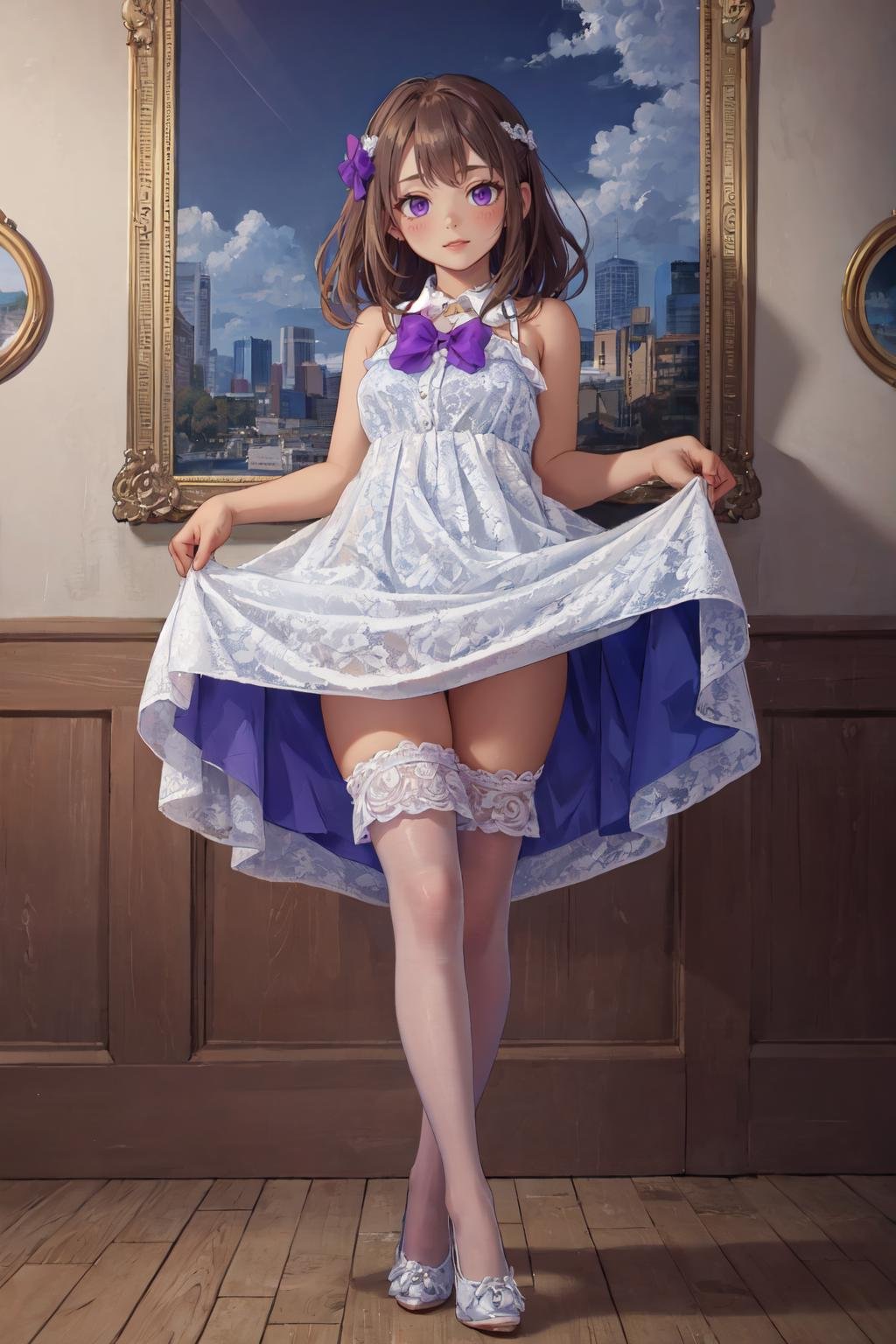 (Masterpiece:1.4), (high quality:1.2), (best quality:1.2), <lora:Lavender_Lace_Dress_v1:0.7>, white lace-trimmed dress, white lace high heels, white lace-trimmed thighhighs, purple bow, skirt lift