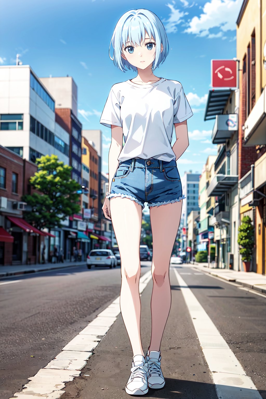 1girl,  pale skin,  full body,  life-size-body,  flat chested,  young,  thin,  skinny,  blue eyes,  light blue hair,  bangs,  bobcut,  white t-shirt,  blue denim short,  white sneakers,  looking at the viewer,  city,  standing on the road,  blue sky,  scenery,  masterpiece,  high quality,  highly detailed,  2d anime,  perfect light,<lora:EMS-59101-EMS:1.000000>,<lora:EMS-93-EMS:0.500000>