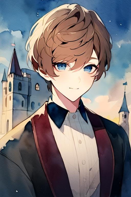 (best quality:1.1), (masterpiece:1.4), illustration, looking at viewer, , , (watercolor illustration, soft pastel colors:1.1), , 1boy, solo, male focus, <lora:shiki_andou:0.74>, shiki_andou, brown hair, blue eyes, , The Castle of Shadows,