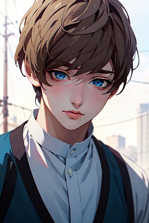 (best quality:1.1), (masterpiece:1.4), , , upper body, , anime coloring, (semi-realistic:1.4), 1boy, solo, male focus, <lora:shiki_andou:0.82>, shiki_andou, brown hair, blue eyes, , ,