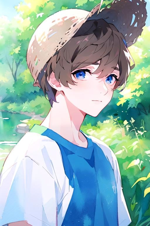 (best quality:1.1), (masterpiece:1.4), game cg, looking at viewer, upper body, depth of field, (watercolor illustration, soft pastel colors:1.1), , 1boy, solo, male focus, <lora:shiki_andou:0.84>, shiki_andou, brown hair, blue eyes, athletic wear, straw hat, river,