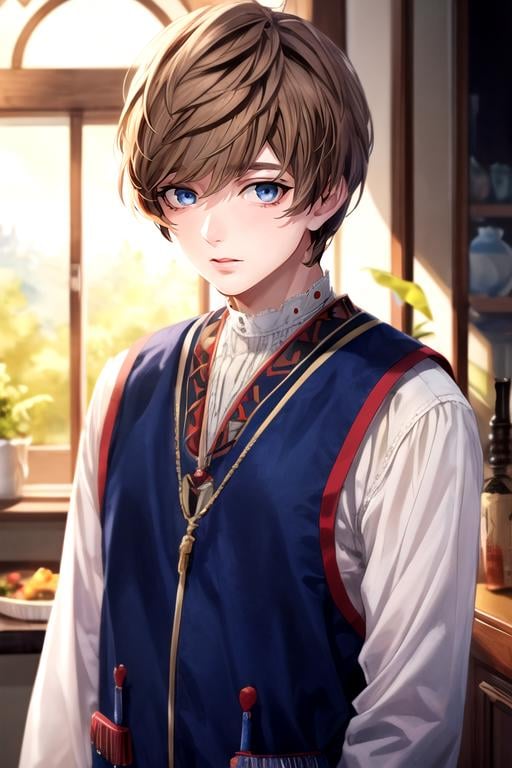 (best quality:1.1), (masterpiece:1.4), illustration, looking at viewer, upper body, , ligne claire, , 1boy, solo, male focus, <lora:shiki_andou:0.74>, shiki_andou, brown hair, blue eyes, native american costume, social science fiction, High definition