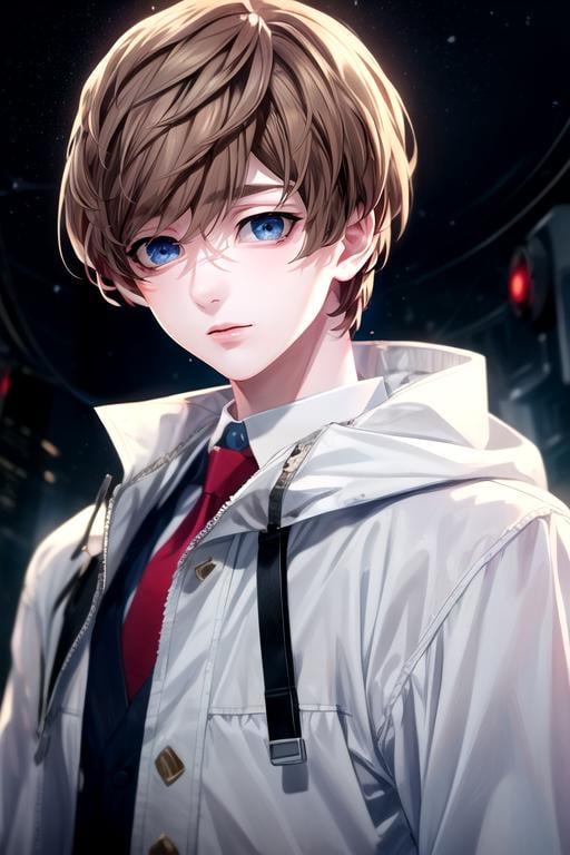 (best quality:1.1), (masterpiece:1.4), , looking at viewer, upper body, , ligne claire, , 1boy, solo, male focus, <lora:shiki_andou:0.86>, shiki_andou, brown hair, blue eyes, , sci-fi, 32k resolution