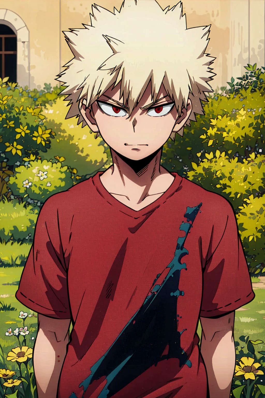 1boy,Blonde hair, Short hair ,Red eyes, short hair, red shirt, sly, grass, standing, upper body 