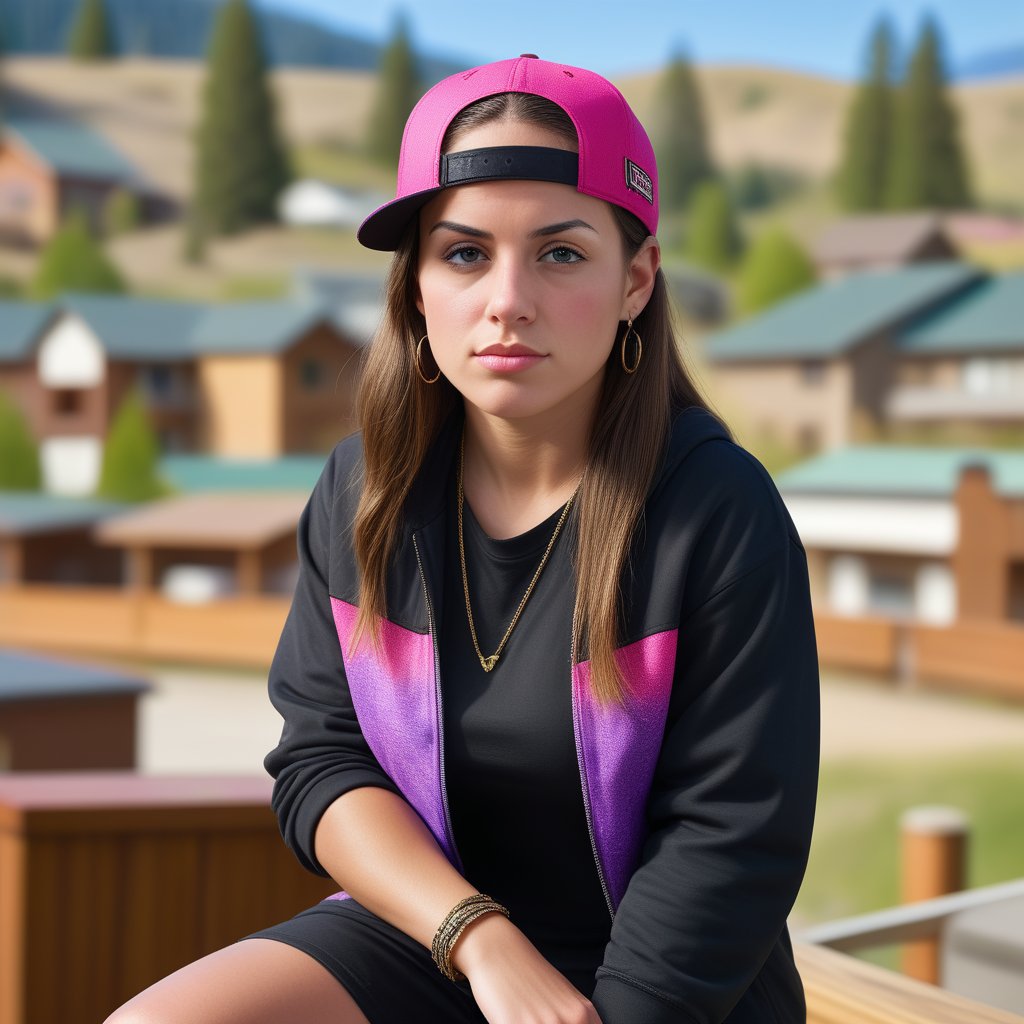 Portrait Photo of mrlhgr, 1girl gangsta rapper, Ketchum idaho background,<lora:659095807385103906:1.0>