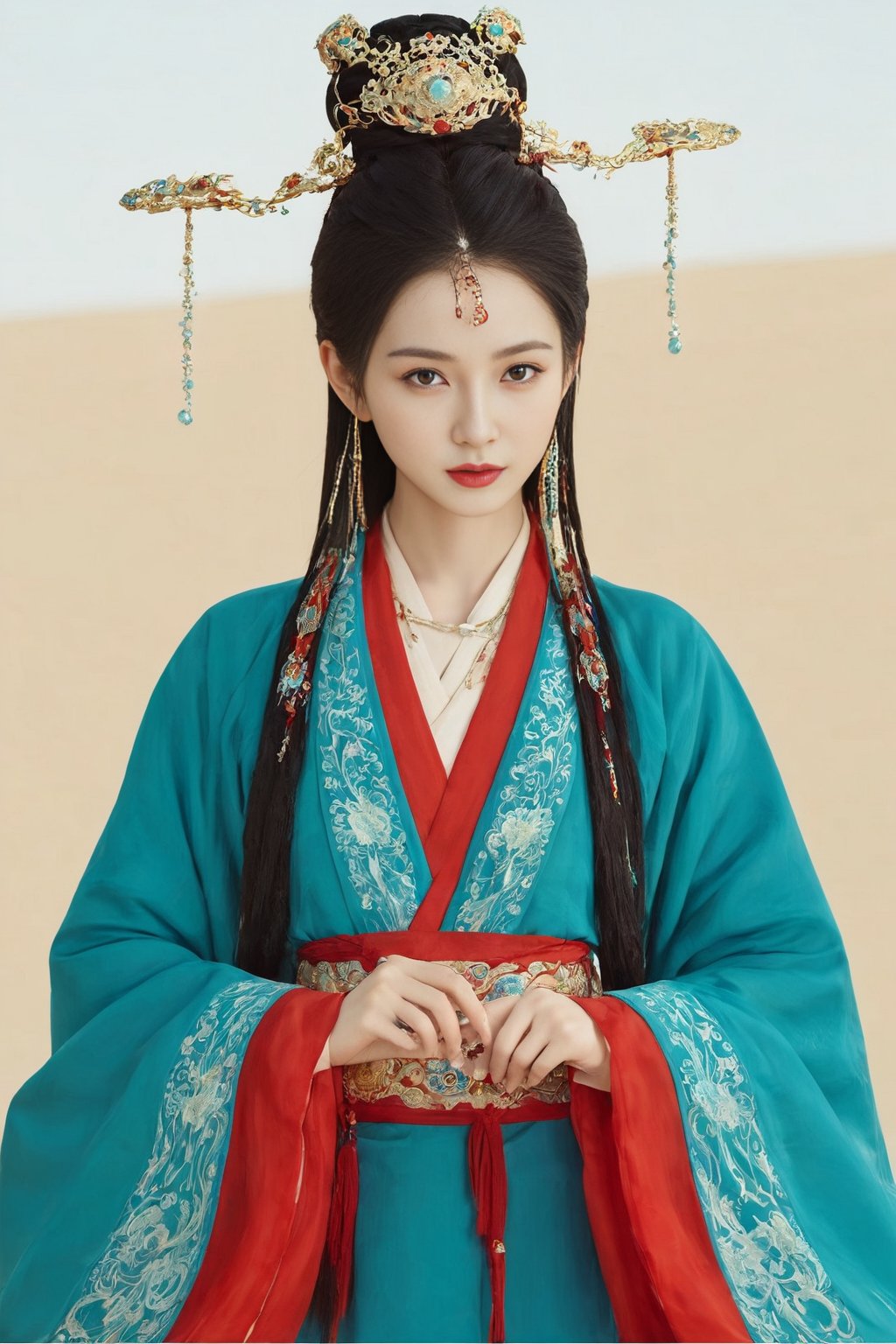 guofeng, 1girl, solo, looking at viewer, hair ornament, jewelry, upper body, red chinese clothes, fine art parody, dunhuang, Normal arms, normal hands, 5 fingers per hand, Beautiful eyes, big eyes, HD details,