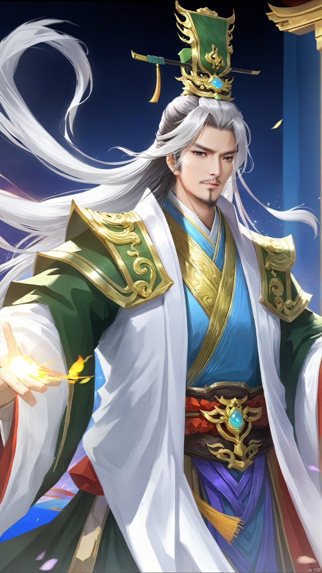  (Ancient military commander) game cg (surreal thick strokes: 1.5) (multi-angle view) Zhuge Liang's face is slender and shining with wisdom, and his hair is combed high, making him look wise and intelligent. Wearing elegant robes reveals the deep temperament of a counselor, Anime style