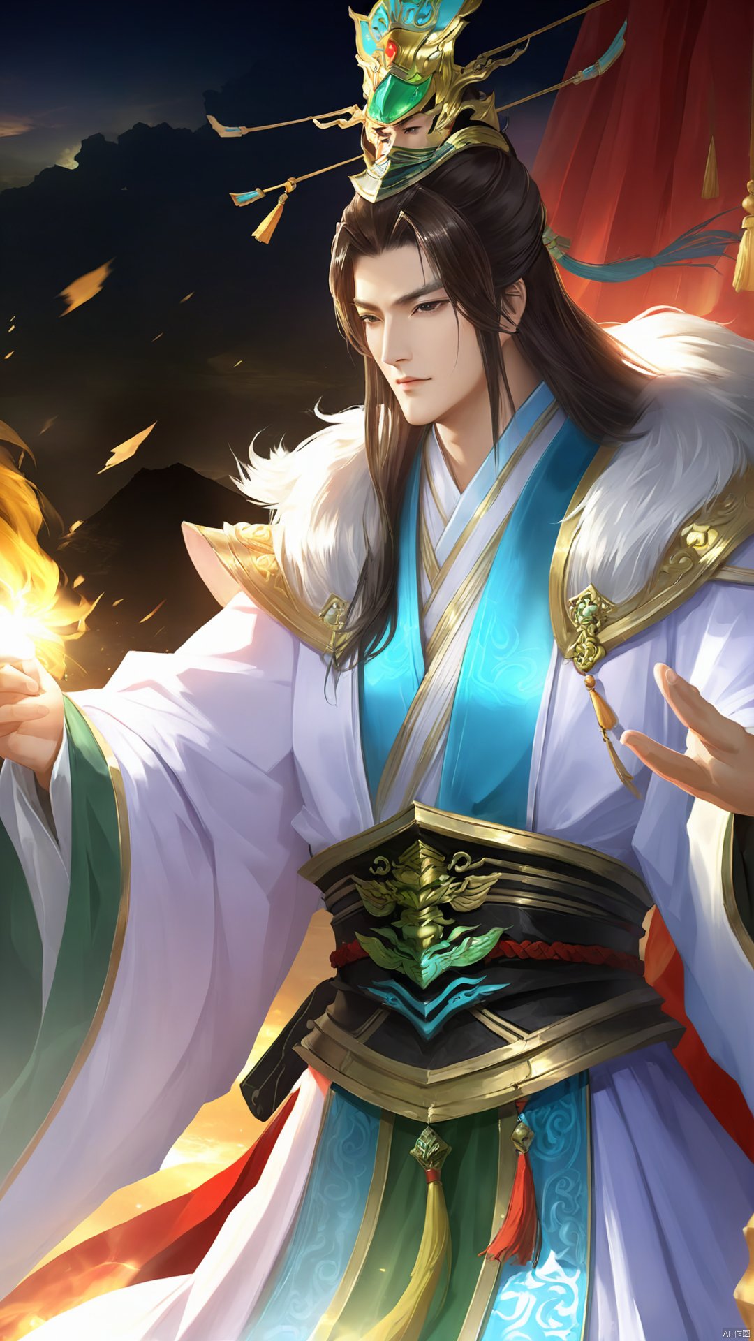  (Ancient military commander) game cg (surreal thick strokes: 1.5) (multi-angle view) Zhuge Liang's face is slender and shining with wisdom, and his hair is combed high, making him look wise and intelligent. Wearing elegant robes reveals the deep temperament of a counselor, Anime style