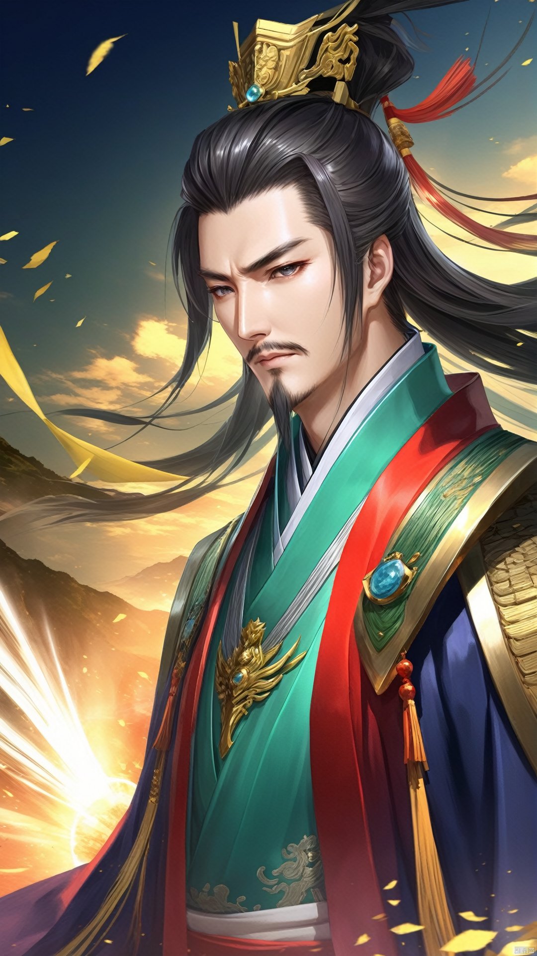  (Ancient military commander) game cg (surreal thick strokes: 1.5) (multi-angle view) Zhuge Liang's face is slender and shining with wisdom, and his hair is combed high, making him look wise and intelligent. Wearing elegant robes reveals the deep temperament of a counselor, Anime style