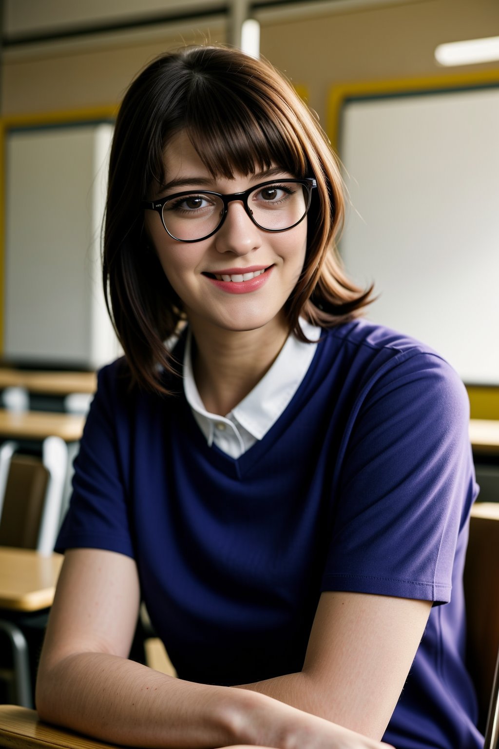 wo_marywinstead01, big smile, glasses, wearing a school uniform, school classroom, sitting, 8k, masterpiece, high quality, highres, photorealistic, raw, extremely detail
,<lora:659111690174031528:1.0>