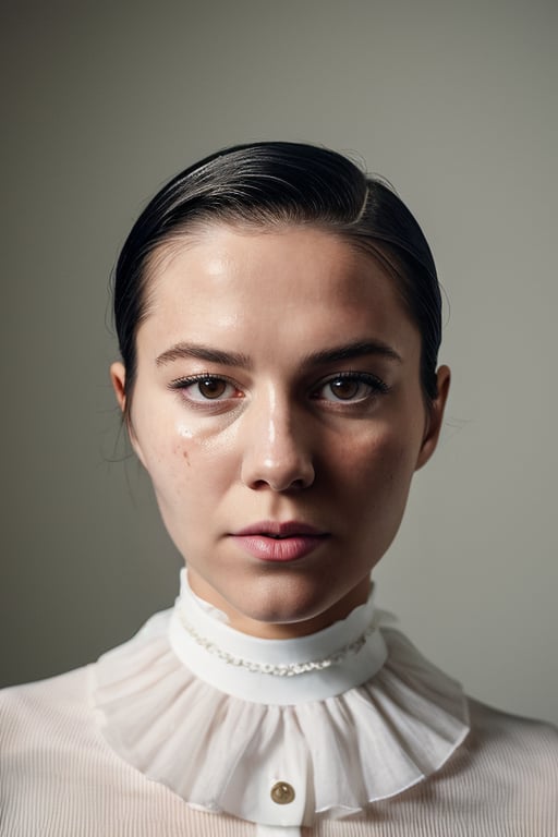 a portrait of a wo_marywinstead01, parted lips, gorgeous, perfect skin, skin pores, slicked back hair, young, half body shot, intricate details, cinematic, high key, hdr, white shirt and choker