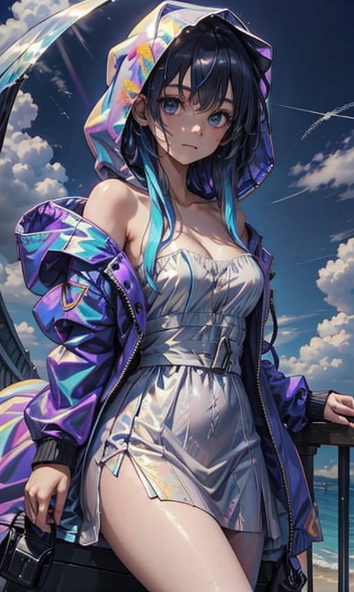 1girl, solo, long hair, breasts, looking at viewer, blue eyes, dress, bare shoulders, closed mouth, blue hair, collarbone, jacket, multicolored hair, outdoors, open clothes, sky, day, cloud, hood, off shoulder, blue sky, strapless, cloudy sky, strapless dress, hooded jacket, hood up, raincoat