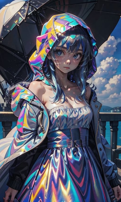 1girl, solo, long hair, breasts, looking at viewer, blue eyes, dress, bare shoulders, closed mouth, blue hair, collarbone, jacket, multicolored hair, outdoors, open clothes, sky, day, cloud, hood, off shoulder, blue sky, strapless, cloudy sky, strapless dress, hooded jacket, hood up, raincoat